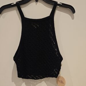 Camila Coelho Shimmer Black Open-Weave Cropped Sweater Tank Small